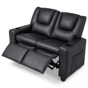 2-Seater Kids Recliner, PU Leather Reclining Loveseat with Cup Holders & 2 Side Storage Pockets, Adjustable Double Toddler Sofa for Boys Girls