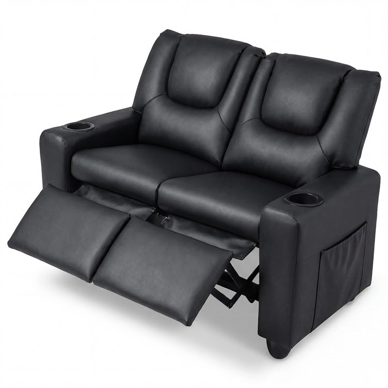 2-Seater Kids Recliner, PU Leather Reclining Loveseat with Cup Holders & 2 Side Storage Pockets, Adjustable Double Toddler Sofa for Boys Girls