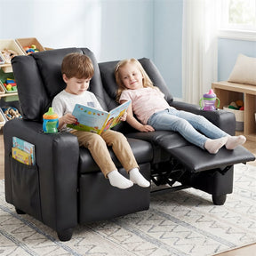 2-Seater Kids Recliner, PU Leather Reclining Loveseat with Cup Holders & 2 Side Storage Pockets, Adjustable Double Toddler Sofa for Boys Girls
