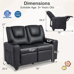 2-Seater Kids Recliner, PU Leather Reclining Loveseat with Cup Holders & 2 Side Storage Pockets, Adjustable Double Toddler Sofa for Boys Girls