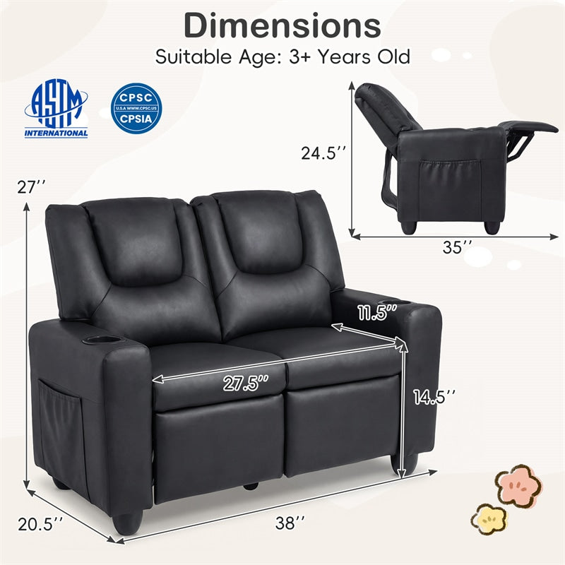 2-Seater Kids Recliner, PU Leather Reclining Loveseat with Cup Holders & 2 Side Storage Pockets, Adjustable Double Toddler Sofa for Boys Girls