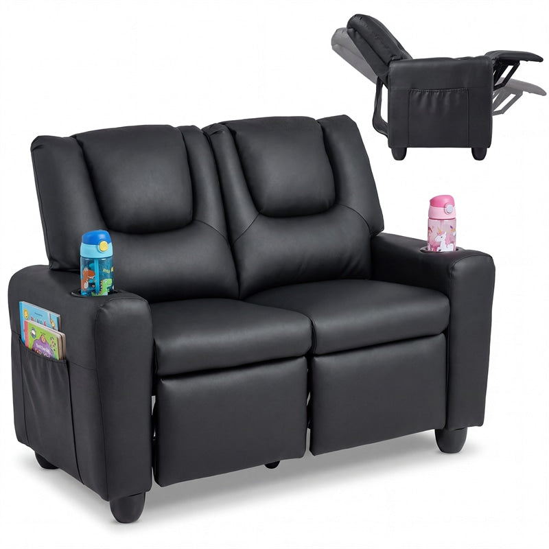 2-Seater Kids Recliner, PU Leather Reclining Loveseat with Cup Holders & 2 Side Storage Pockets, Adjustable Double Toddler Sofa for Boys Girls