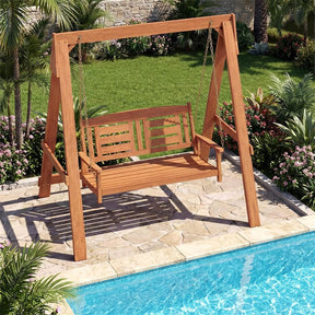 2-Seater Wood Porch Swing with Stand, Outdoor Swing Loveseat Chair w/ Adjustable Chains, Built-in Backrest & Armrests for Garden, Backyard, Poolside