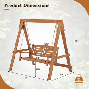 2-Seater Wood Porch Swing with Stand, Outdoor Swing Loveseat Chair w/ Adjustable Chains, Built-in Backrest & Armrests for Garden, Backyard, Poolside
