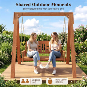 2-Seater Wood Porch Swing with Stand, Outdoor Swing Loveseat Chair w/ Adjustable Chains, Built-in Backrest & Armrests for Garden, Backyard, Poolside
