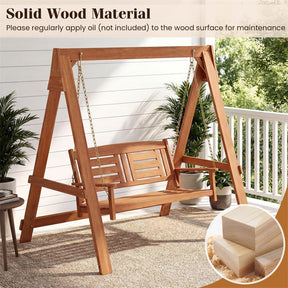 2-Seater Wood Porch Swing with Stand, Outdoor Swing Loveseat Chair w/ Adjustable Chains, Built-in Backrest & Armrests for Garden, Backyard, Poolside