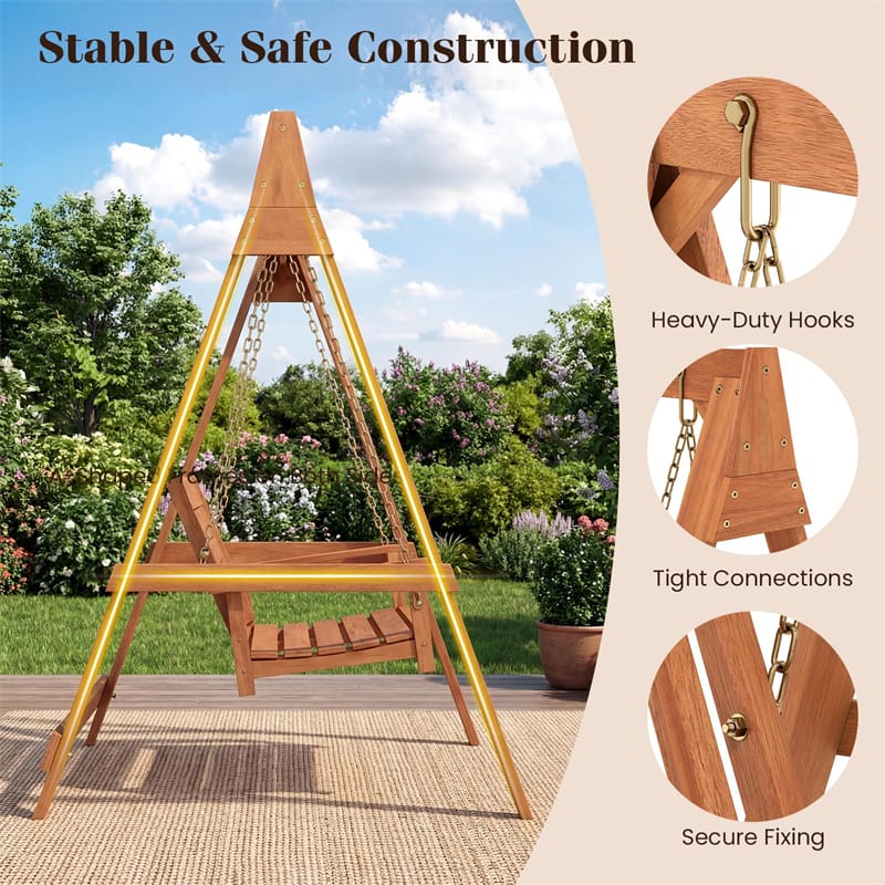 2-Seater Wood Porch Swing with Stand, Outdoor Swing Loveseat Chair w/ Adjustable Chains, Built-in Backrest & Armrests for Garden, Backyard, Poolside