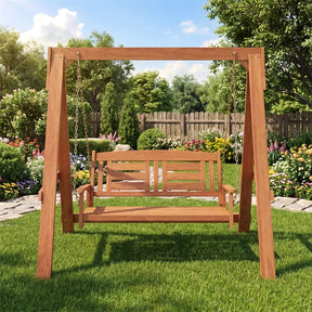 2-Seater Wood Porch Swing with Stand, Outdoor Swing Loveseat Chair w/ Adjustable Chains, Built-in Backrest & Armrests for Garden, Backyard, Poolside