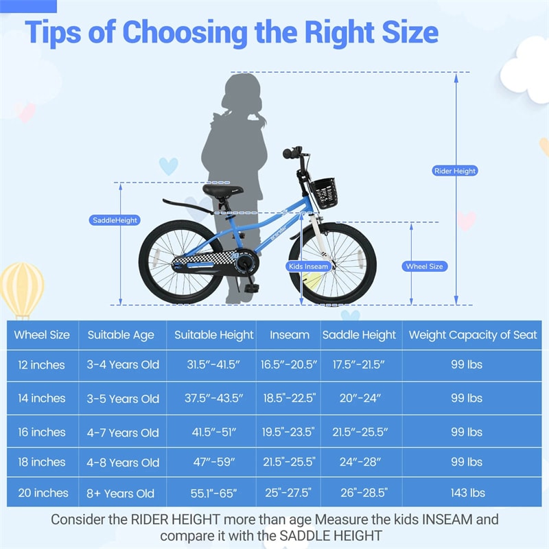 12-20 Inch Kids Bike with Removable Training Wheels, Basket & Bell for 3-8 Years Old Boys Girls, Adjustable Children Bicycle