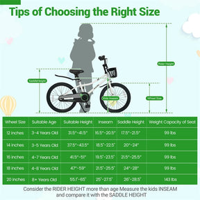 12-20 Inch Kids Bike with Removable Training Wheels, Basket & Bell for 3-8 Years Old Boys Girls, Adjustable Children Bicycle