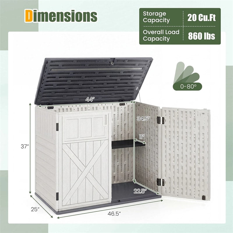 20 Cu.Ft Large Outdoor Storage Cabinet, Horizontal Resin Shed with Adjustable Shelf & Lockable Doors, Weatherproof Patio Storage Box