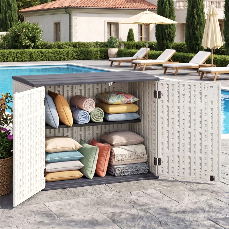 20 Cu.Ft Large Outdoor Storage Cabinet, Horizontal Resin Shed with Adjustable Shelf & Lockable Doors, Weatherproof Patio Storage Box