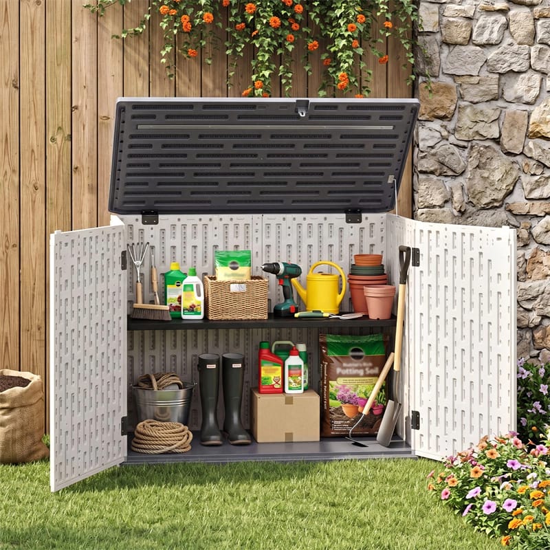 20 Cu.Ft Large Outdoor Storage Cabinet, Horizontal Resin Shed with Adjustable Shelf & Lockable Doors, Weatherproof Patio Storage Box