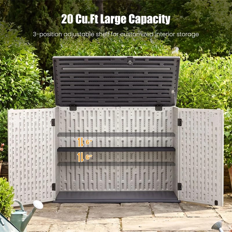 20 Cu.Ft Large Outdoor Storage Cabinet, Horizontal Resin Shed with Adjustable Shelf & Lockable Doors, Weatherproof Patio Storage Box