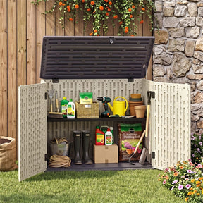 20 Cu.Ft Large Outdoor Storage Cabinet, Horizontal Resin Shed with Adjustable Shelf & Lockable Doors, Weatherproof Patio Storage Box