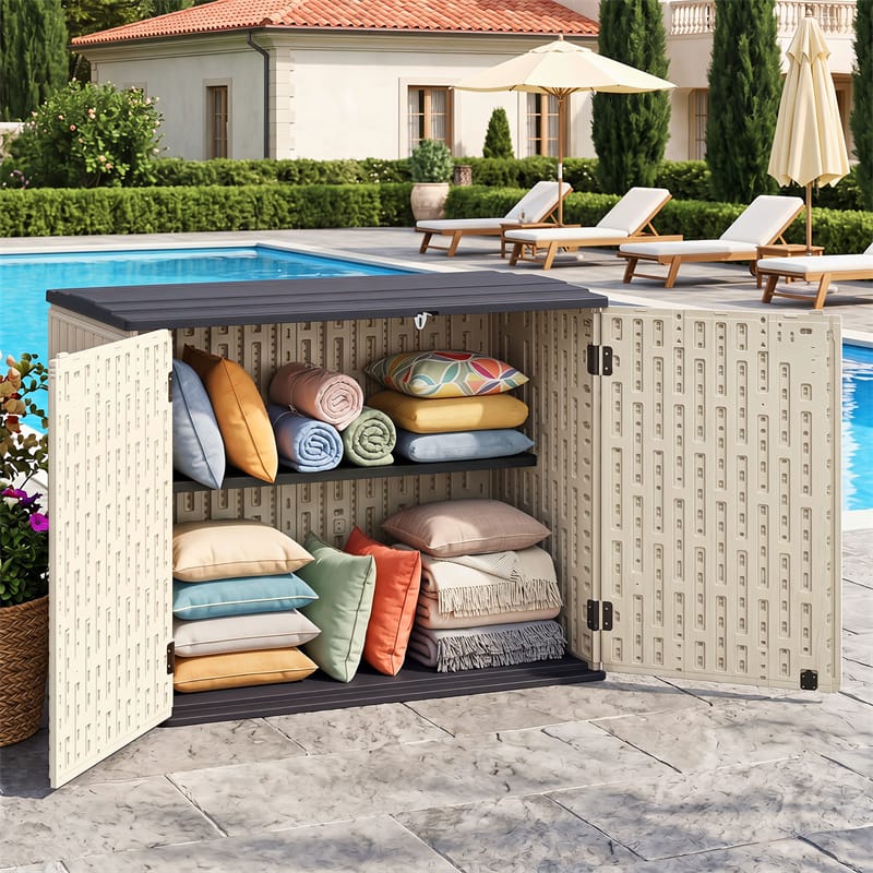 20 Cu.Ft Large Outdoor Storage Cabinet, Horizontal Resin Shed with Adjustable Shelf & Lockable Doors, Weatherproof Patio Storage Box