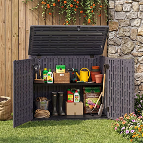20 Cu.Ft Large Outdoor Storage Cabinet, Horizontal Resin Shed with Adjustable Shelf & Lockable Doors, Weatherproof Patio Storage Box