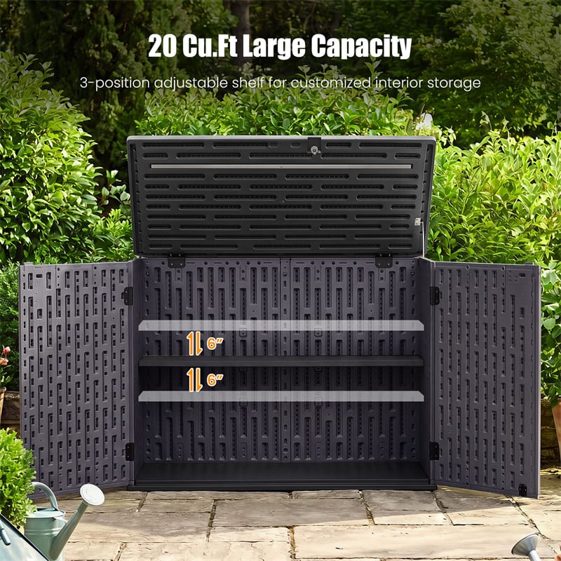 20 Cu.Ft Large Outdoor Storage Cabinet, Horizontal Resin Shed with Adjustable Shelf & Lockable Doors, Weatherproof Patio Storage Box