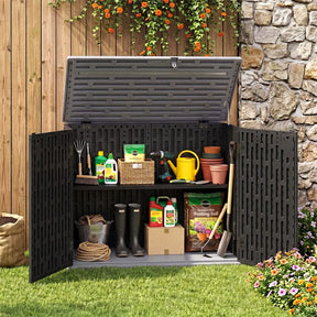 20 Cu.Ft Large Outdoor Storage Cabinet, Horizontal Resin Shed with Adjustable Shelf & Lockable Doors, Weatherproof Patio Storage Box