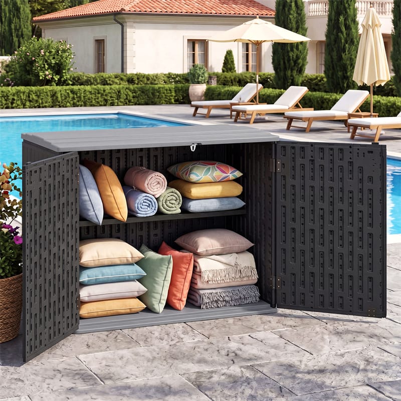 20 Cu.Ft Large Outdoor Storage Cabinet, Horizontal Resin Shed with Adjustable Shelf & Lockable Doors, Weatherproof Patio Storage Box