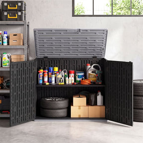 20 Cu.Ft Large Outdoor Storage Cabinet, Horizontal Resin Shed with Adjustable Shelf & Lockable Doors, Weatherproof Patio Storage Box
