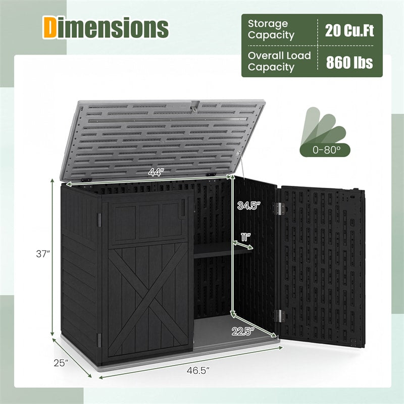 20 Cu.Ft Large Outdoor Storage Cabinet, Horizontal Resin Shed with Adjustable Shelf & Lockable Doors, Weatherproof Patio Storage Box