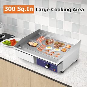 22" Commercial Electric Griddle 2000W, Stainless Steel Flat Top Grill w/ Cast Iron Plate & 122°F-572°F Adjustable Temp, Kitchen Countertop Teppanyaki