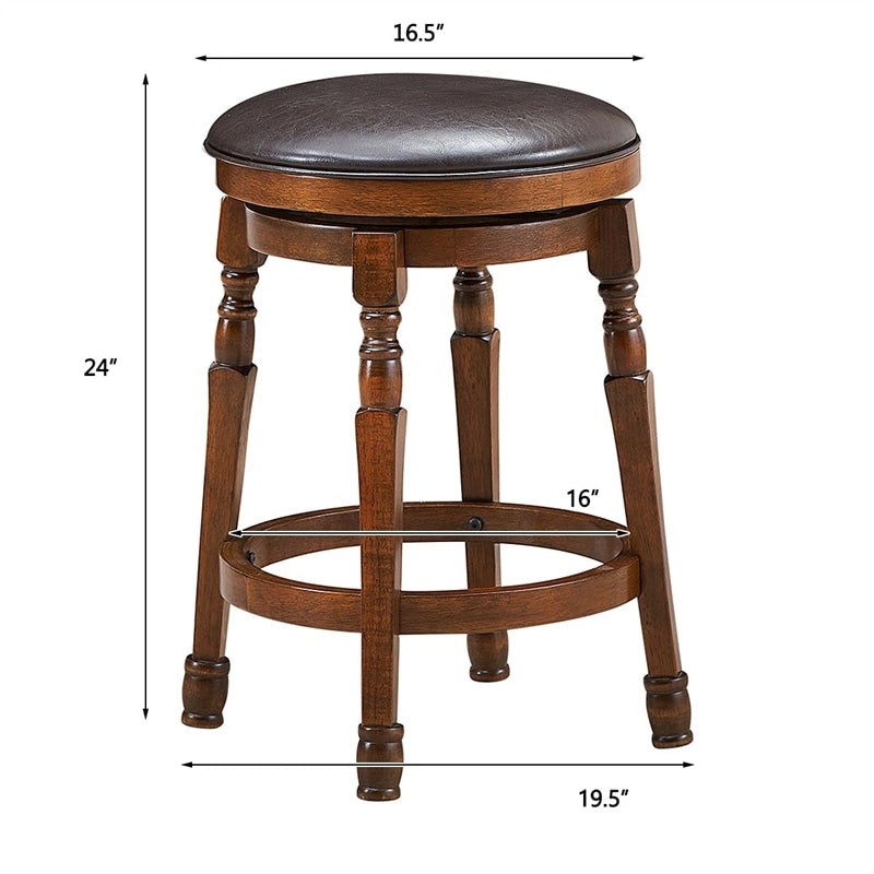 24" Backless Swivel Bar Stools Set of 2/4, Rubber Wood Counter Height Bar Chairs with Faux Leather Padded Seat for Kitchen Island, Pub, Cafe