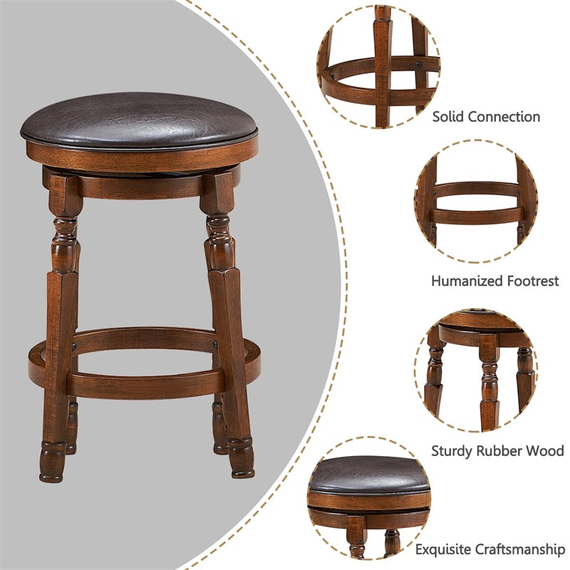 24" Backless Swivel Bar Stools Set of 2/4, Rubber Wood Counter Height Bar Chairs with Faux Leather Padded Seat for Kitchen Island, Pub, Cafe