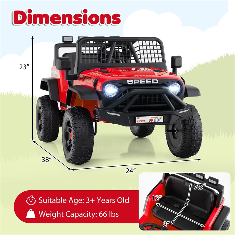 24V Kids Ride on Truck, Electric Vehicle with Parent Remote Control, LED Lights & Music, Battery Powered Ride on Toy Car for Boys Girls Ages 3+