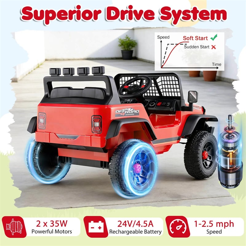 24V Kids Ride on Truck, Electric Vehicle with Parent Remote Control, LED Lights & Music, Battery Powered Ride on Toy Car for Boys Girls Ages 3+