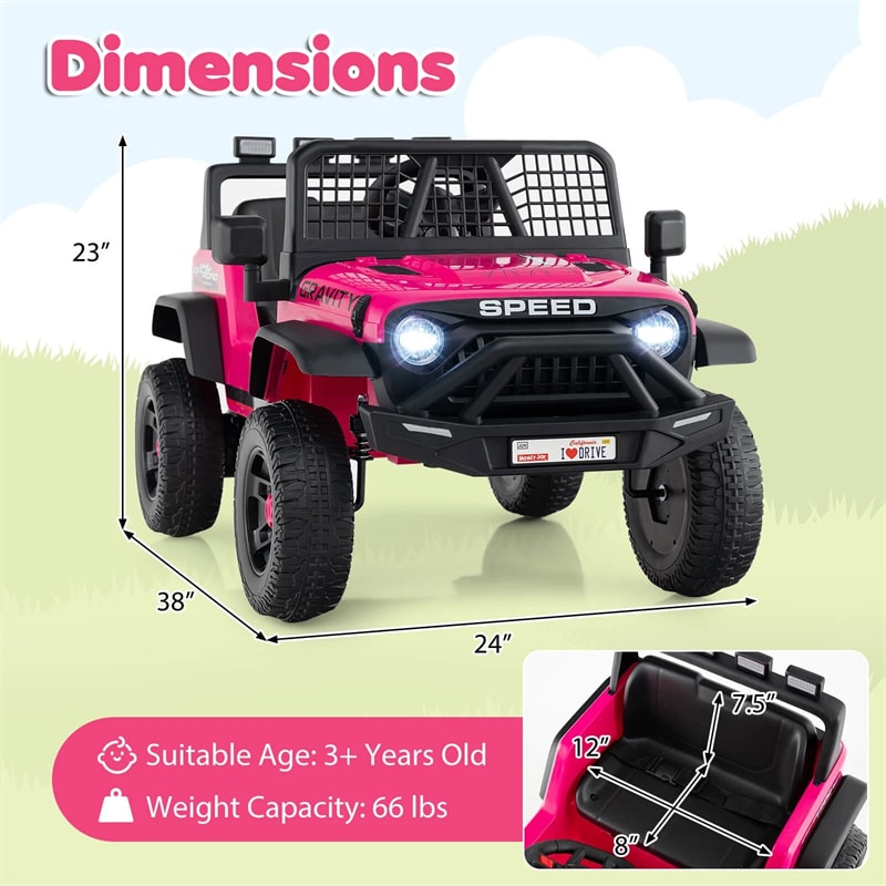 24V Kids Ride on Truck, Electric Vehicle with Parent Remote Control, LED Lights & Music, Battery Powered Ride on Toy Car for Boys Girls Ages 3+