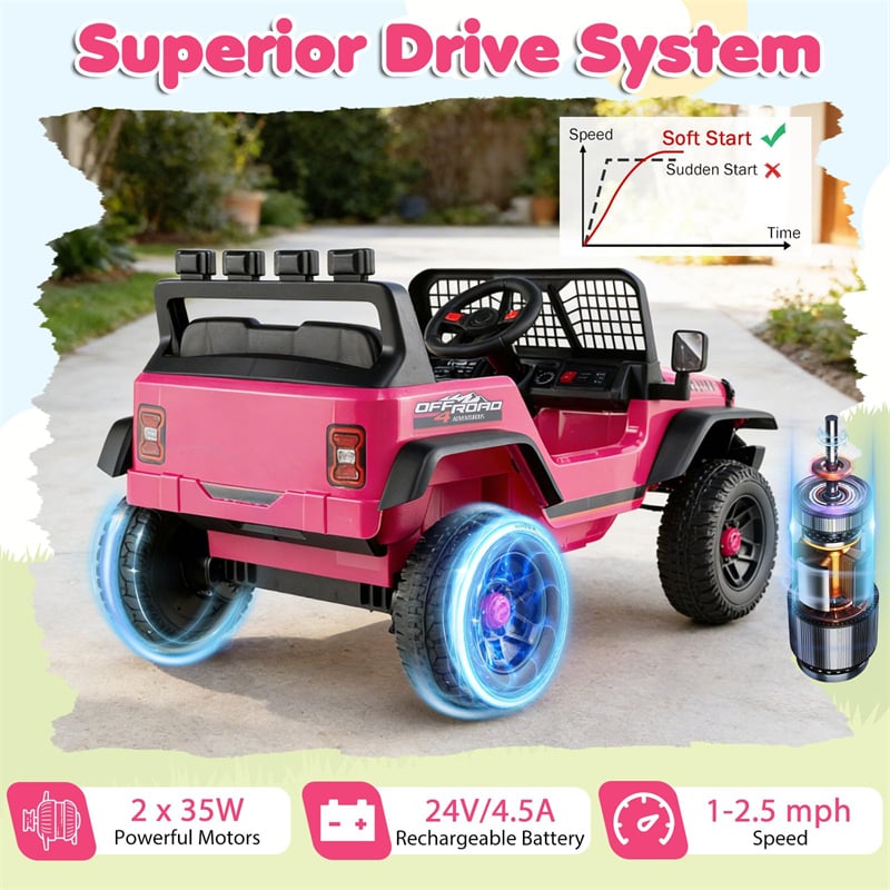 24V Kids Ride on Truck, Electric Vehicle with Parent Remote Control, LED Lights & Music, Battery Powered Ride on Toy Car for Boys Girls Ages 3+