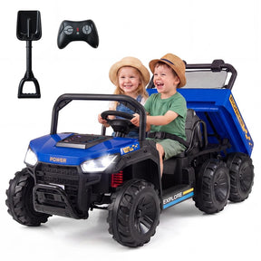 24V 2-Seater Ride on Dump Truck, 4WD Kids Car w/ Electric Dump Bed, Shovel, Parent Remote & Wireless Music, Electric Ride On UTV for Boys Girls