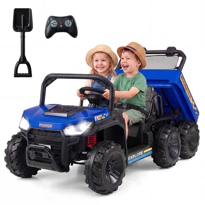 24V 2-Seater Ride on Dump Truck, 4WD Kids Car w/ Electric Dump Bed, Shovel, Parent Remote & Wireless Music, Electric Ride On UTV for Boys Girls