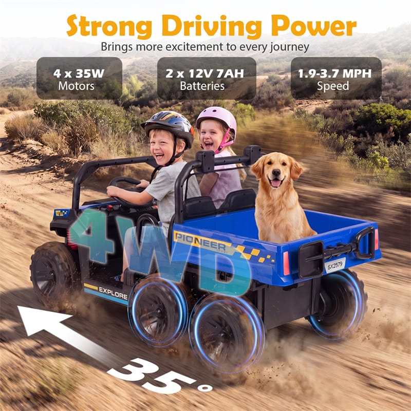 24V 2-Seater Ride on Dump Truck, 4WD Kids Car w/ Electric Dump Bed, Shovel, Parent Remote & Wireless Music, Electric Ride On UTV for Boys Girls