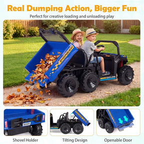 24V 2-Seater Ride on Dump Truck, 4WD Kids Car w/ Electric Dump Bed, Shovel, Parent Remote & Wireless Music, Electric Ride On UTV for Boys Girls