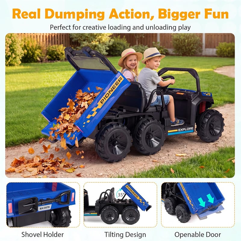 24V 2-Seater Ride on Dump Truck, 4WD Kids Car w/ Electric Dump Bed, Shovel, Parent Remote & Wireless Music, Electric Ride On UTV for Boys Girls