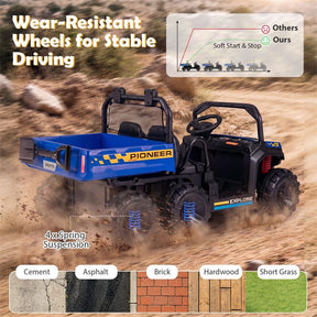 24V 2-Seater Ride on Dump Truck, 4WD Kids Car w/ Electric Dump Bed, Shovel, Parent Remote & Wireless Music, Electric Ride On UTV for Boys Girls