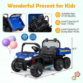 24V 2-Seater Ride on Dump Truck, 4WD Kids Car w/ Electric Dump Bed, Shovel, Parent Remote & Wireless Music, Electric Ride On UTV for Boys Girls