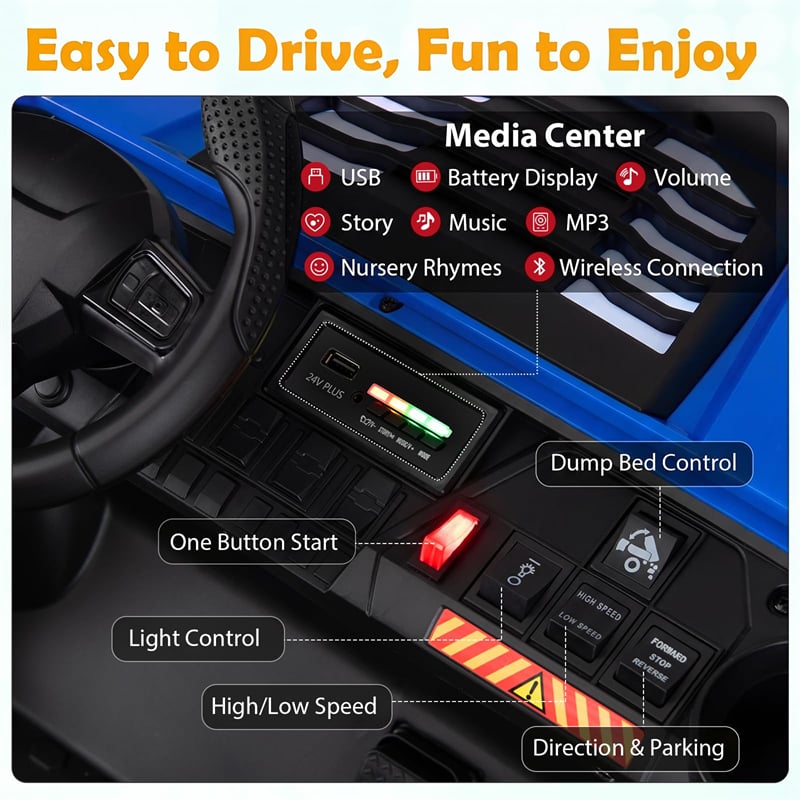 24V 2-Seater Ride on Dump Truck, 4WD Kids Car w/ Electric Dump Bed, Shovel, Parent Remote & Wireless Music, Electric Ride On UTV for Boys Girls