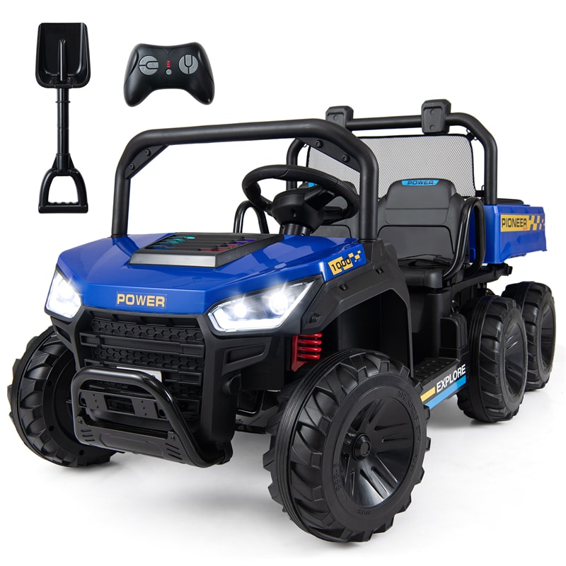 24V 2-Seater Ride on Dump Truck, 4WD Kids Car w/ Electric Dump Bed, Shovel, Parent Remote & Wireless Music, Electric Ride On UTV for Boys Girls