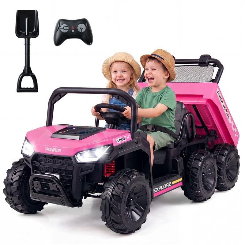 24V 2-Seater Ride on Dump Truck, 4WD Kids Car w/ Electric Dump Bed, Shovel, Parent Remote & Wireless Music, Electric Ride On UTV for Boys Girls