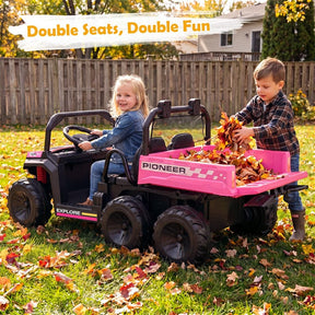 24V 2-Seater Ride on Dump Truck, 4WD Kids Car w/ Electric Dump Bed, Shovel, Parent Remote & Wireless Music, Electric Ride On UTV for Boys Girls