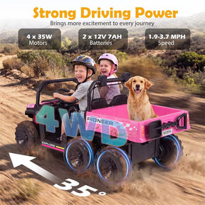 24V 2-Seater Ride on Dump Truck, 4WD Kids Car w/ Electric Dump Bed, Shovel, Parent Remote & Wireless Music, Electric Ride On UTV for Boys Girls