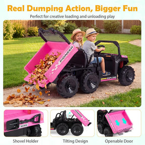 24V 2-Seater Ride on Dump Truck, 4WD Kids Car w/ Electric Dump Bed, Shovel, Parent Remote & Wireless Music, Electric Ride On UTV for Boys Girls