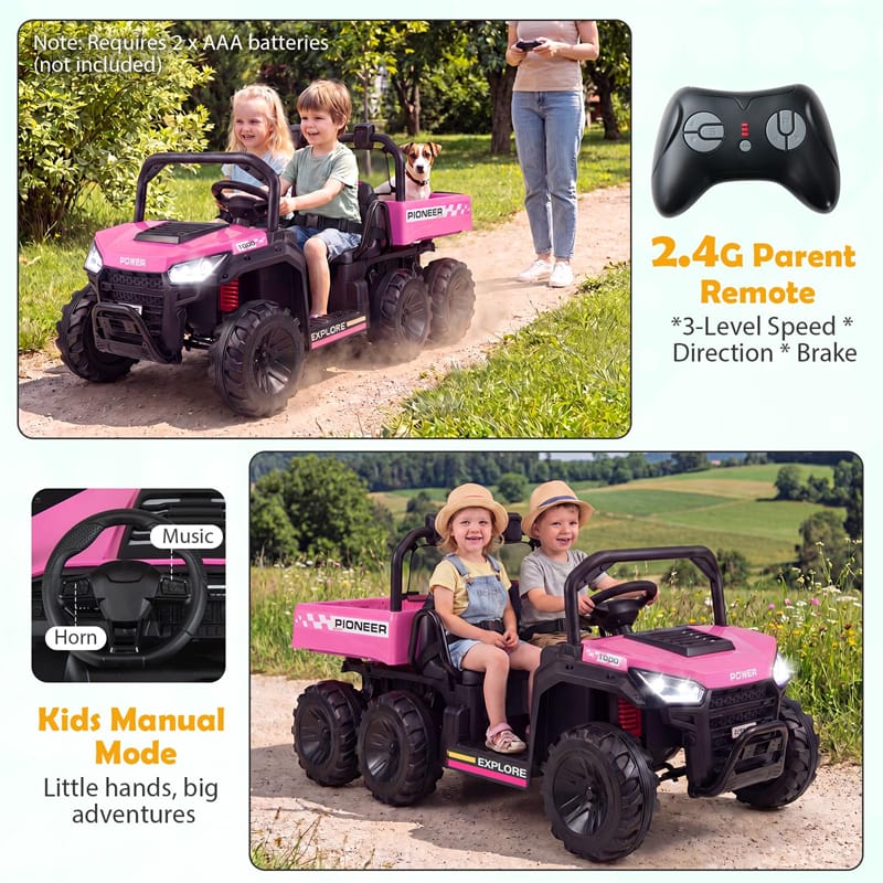 24V 2-Seater Ride on Dump Truck, 4WD Kids Car w/ Electric Dump Bed, Shovel, Parent Remote & Wireless Music, Electric Ride On UTV for Boys Girls