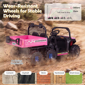 24V 2-Seater Ride on Dump Truck, 4WD Kids Car w/ Electric Dump Bed, Shovel, Parent Remote & Wireless Music, Electric Ride On UTV for Boys Girls