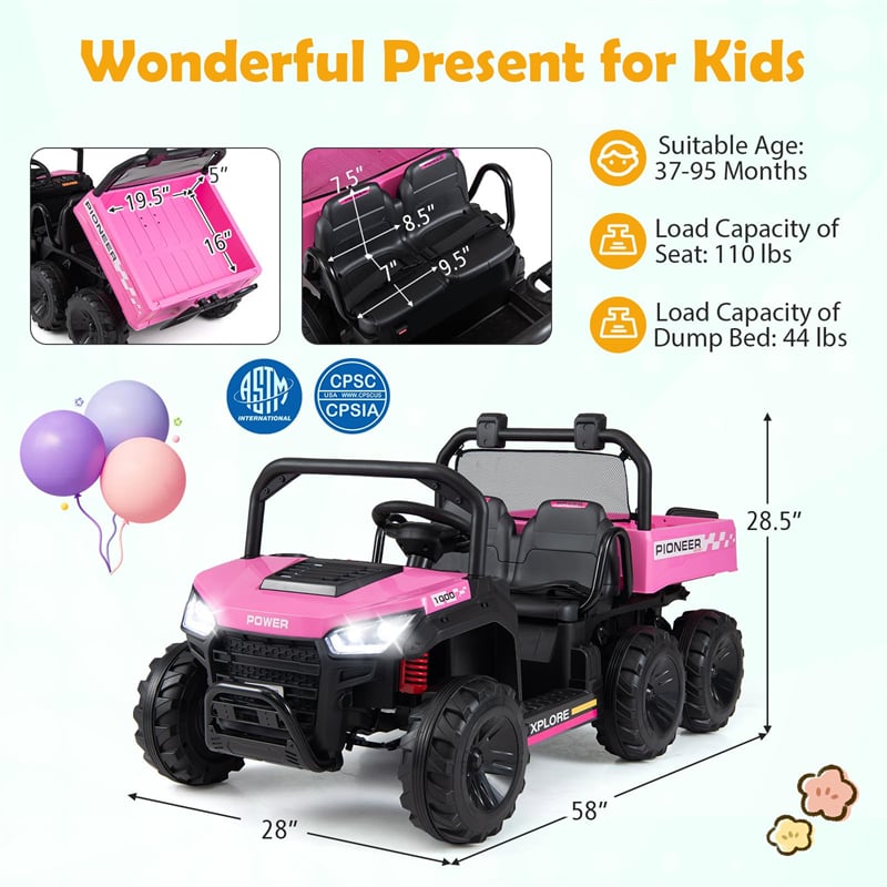 24V 2-Seater Ride on Dump Truck, 4WD Kids Car w/ Electric Dump Bed, Shovel, Parent Remote & Wireless Music, Electric Ride On UTV for Boys Girls