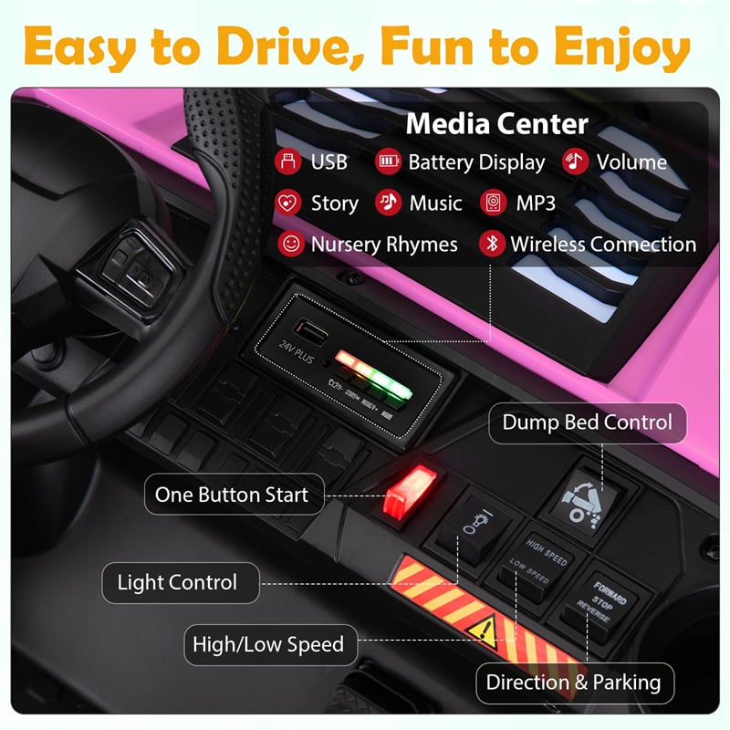 24V 2-Seater Ride on Dump Truck, 4WD Kids Car w/ Electric Dump Bed, Shovel, Parent Remote & Wireless Music, Electric Ride On UTV for Boys Girls